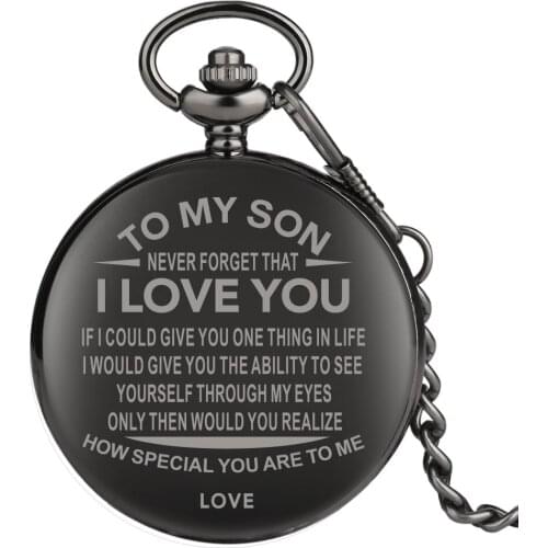 Engraved Words To My Son To My Husband Series Pocket Watch Black Fob Watches Classic Necklace Chain Pendant Clock Souvenir Gifts