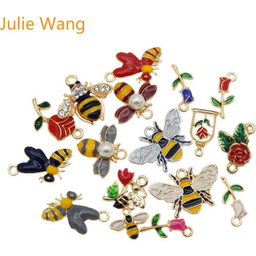 Julie Wang 15PCS Enamel Bee Flowers Charm Mixed Honeybee Rose Alloy Gold Tone Necklace Bracelet Earring Jewelry Making Accessory
