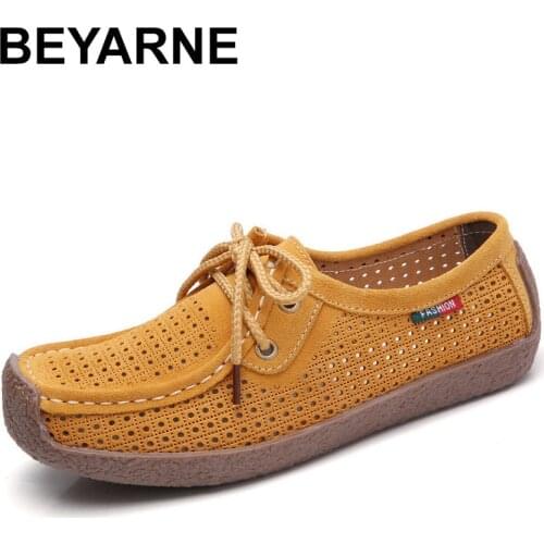 BEYARNESummer Breathable Dobeyping Cut-Outs Shoes Woman LaceUp Womens Genuine Leather Womens Sneakers Lazy Loafers Female Shoe