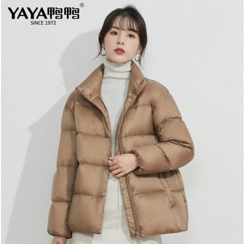 YAYA 2021 Spring New High Quality Womens Duck Down Jacket Lightweight Thin Short Hooded Warm Solid Color Outerwear