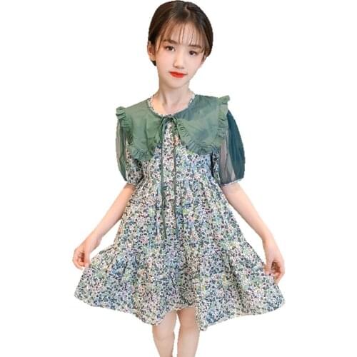 Big Girl Summer Dresses Floral Pattern Girls' Dresses Patchwork Kids Dresses Mesh Kids Costume 6 8 10 12 14