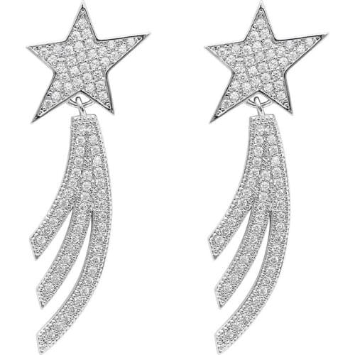 Fashion Elegant Wedding Party Jewelry Crystal Zircon Star Drop Earrings Silver Color Luxury long Dangle Earrings For Women