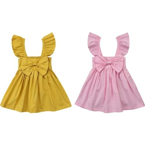 Fashion Cute Newborn Toddler Baby Girls Casual Cotton Solid Ruffle Sleeve Bow A-Line Princess Dress Outfit Summer Party 3M-3T