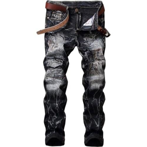 Men Casual Jeans Coated Slim Straight Pleated Biker Jeans Pants Male Denim Casual Pants High Quality