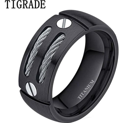 TIGRADE 8mm Black Men Punk Titanium Ring Stainless Steel Cables Engagement Rings Wedding Band Male Jewelry Unicorn Beads