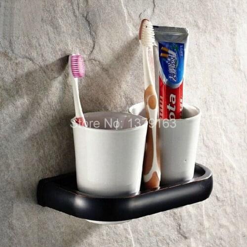 Single Black Oil Rubbed Antique Bronze Brass Bathroom Bath Tumbler Holder with Double Ceramics cup Wall Mounted aba197