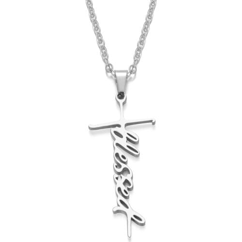 Stainless Steel Chain Necklace Silver Color BLESSED Cross Pendant Necklace For Women Fashion Jewelry Gift LGS1820