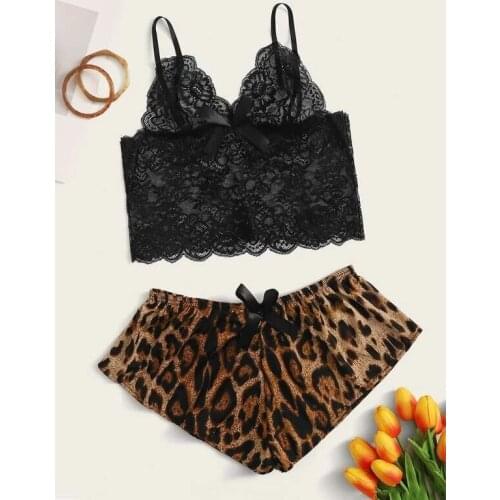 Pijamas Women Set Leopard Print Sexy Pajama for Women Lingerie Sleepwear Female Ladies Nightdress Suits Lace Nightwear Underwear