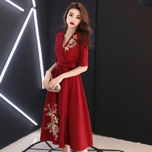 Summer Burgundy Gold Embroidery V-neck Sexy Party-dress Vintage Evening-dress Banquet Elegant Noble Prom-dress Daily Wear