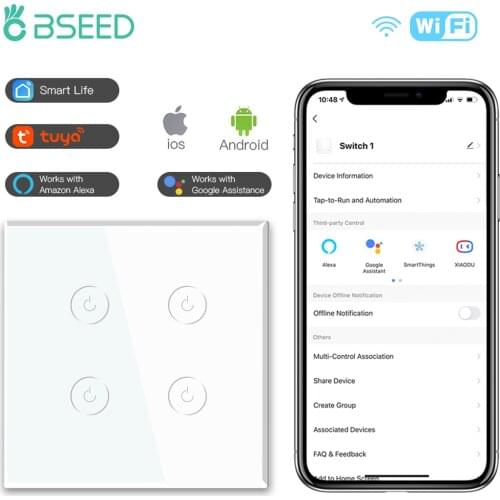 BSEED Wifi 4Gang 1/2/3way Smart Switches Light Touch Sensor Switch Wireless Wifi Wall Switch Support Tuya Google Smart Life