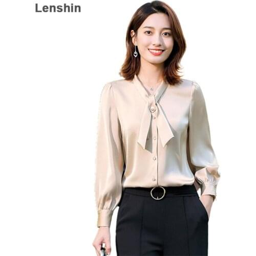 Lenshin Loose High-quality Tie Shirt Breathable Soft Turn-down Collar Blouse Women Female Wear Casual Style Office Lady Tops