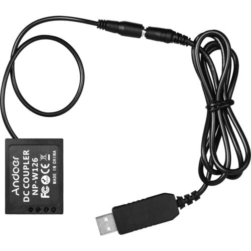 Andoer 5V USB to NP-W126 Dummy Battery Pack DC Coupler Adapter for Fuji Cameras X-A1/X-A2/X-A3/X-E1/X-E2/X-M1/X-Pro/X-T1/X-T2