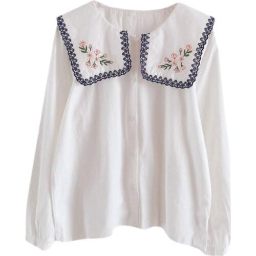 FairyNatural Women Rustic Flowers Embroidery Shirts And Tops Single Breasted Lady Girls Cotton Long Sleeve Blouse Spring Autumn