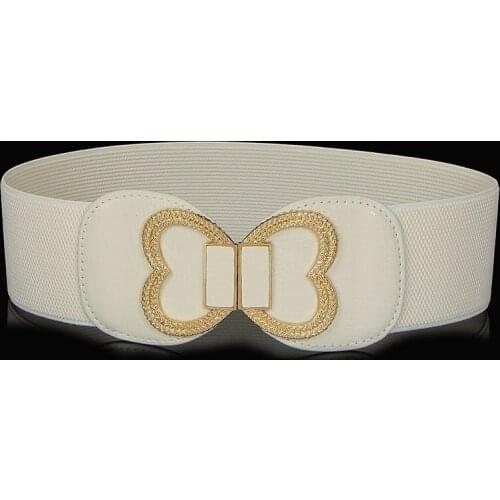 Ladies fashion buckle elastic wide waist black belt whitish skirt white belt