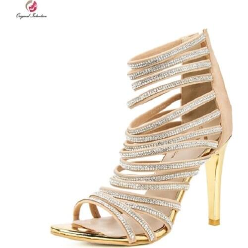 Original Intention Gorgeous Women Sandals Nice Rhinestone Peep Toe Thin Heels Sandals Fashion Nude Shoes Woman Plus US Size 4-15