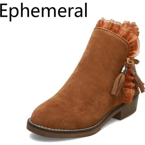 Ladies Low Heel Boots Round Toe Rinding Shoes With Zippers Lace Footwear Plus Size 44-32 Warm Winter Plush Shearling Shoes Beige