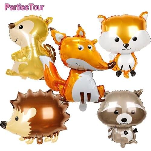 5pcs Woodland Animals Foil Balloons Fox Hedgehogs Squirrels Raccoon Woodland Party Balloons Birthday Baby Shower Photo Prop