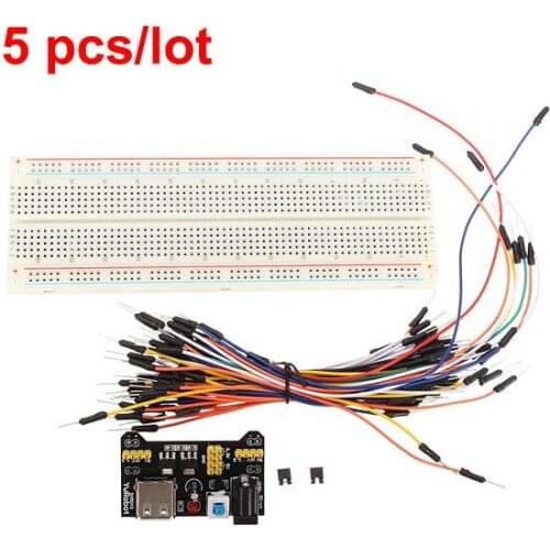 5pcs/lot MB-102DIY KIT MB102 5 Solderless Breadboard + 5 Breadboard Power Supply + 5 Jumper Cable Kits For UNO R3