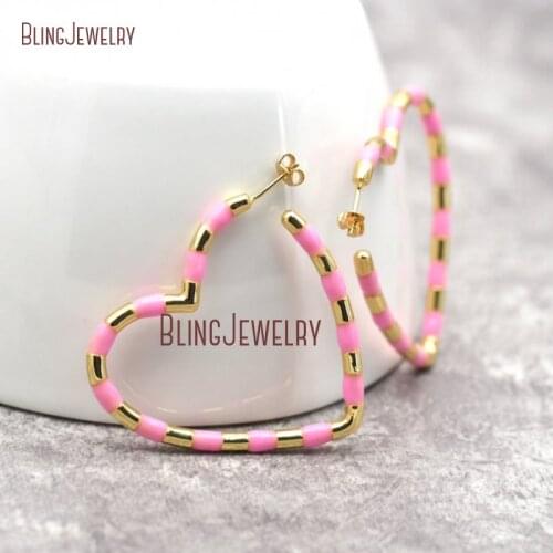 Bigger Heart Hoop Earrings Pink White Turquoises Rainbow Enamel Open Hoop Drop Earrings ER28950