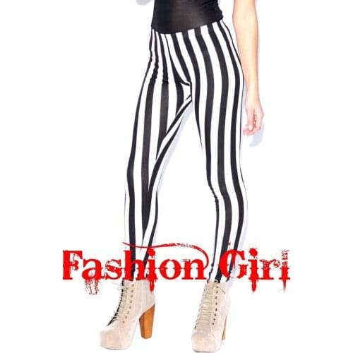 Punk style black and white vertical striped capris alice hip slim sexy women pants feminina nightclubs stretch pants