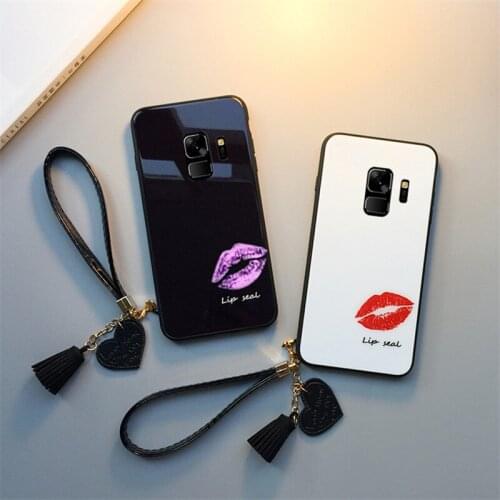 BONVAN Red Lips Glass Case For Samsung A5 A6 A7 A9 A8 Plus 2018 Hard Cover For Samsung A9 Star Pro A9s Lanyard Couqe Capa