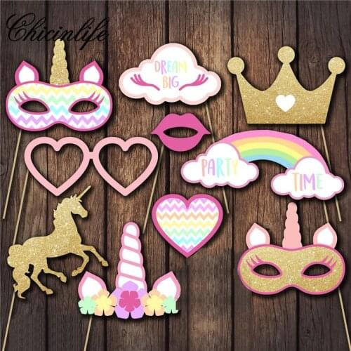 Chicinlife 1Set Unicorn Party Photo Booth Props Rainbow Unicorn First Baby Shower Happy Birthday Party Decoration Party Supple