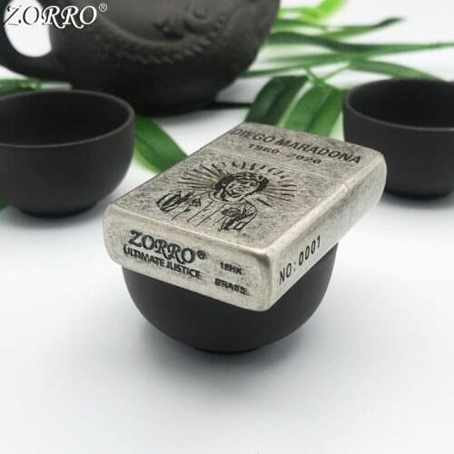 Zorro Kerosene Lighter Pure Copper Old Silver Carving Football Star Collection Men Gift Gasoline Oil Lighter