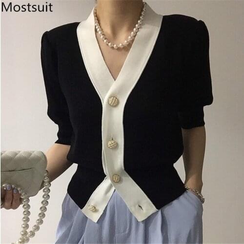 Color-blocked Knitted Cardigan Knitwear Women Short Sleeve V-neck Single Breasted Sweater Summer Korean Vintage Ladies Jumpers