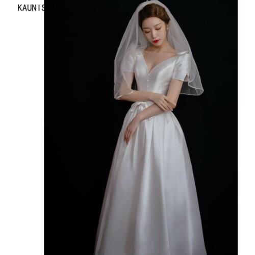 KAUNISSINA Satin White Wedding Gowns for Women V-Neck Puff Sleeve A-Line Bridal Dress Bow Elegant Bride Marriage Robe Vestidos