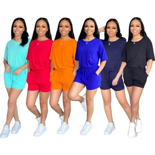 Summer Casual Top and Pants with Pockets Two Pieces Shorts Sets Short Sleeve O Neck T-shirt + Drawstring Biker Shorts Tracksuit
