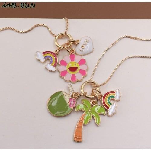 MHS.SUN Child Kids Long Chain Necklace With Adorable Flower Heart Tree Rainbow Pendants Necklace For Baby Girls Jewelry Gifts