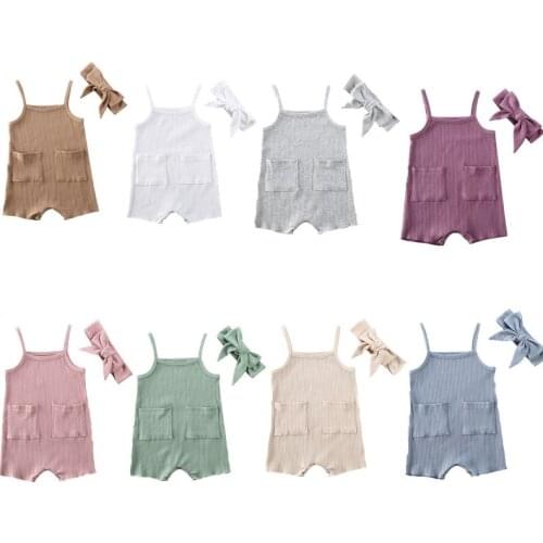 New 8Colors Baby Girls Strappy Romper+Headband 2Pcs Set Cotton Infant Kids Sleeveless Playsuits Sunsuits With Pocket Outfits