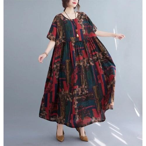 Dresses For Women 2021 Summer Linen Maxi Robe Fleurie Dress One Piece Cotton Short Sleeve Sundresses Robe Femme Beach Dress 6XL