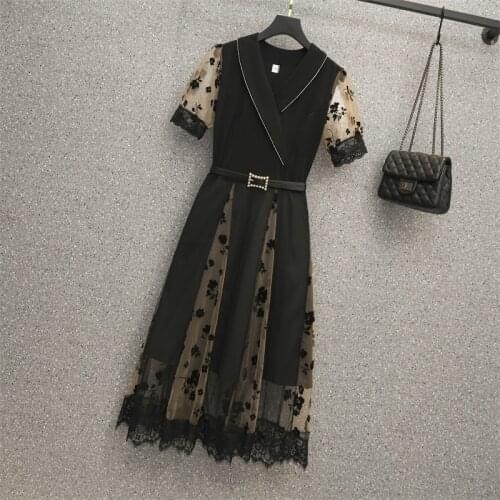 Plus size 5XL black lace embroidery mesh dresses Summer short sleeve V neck high waist A-line Sexy party dresses office ladies