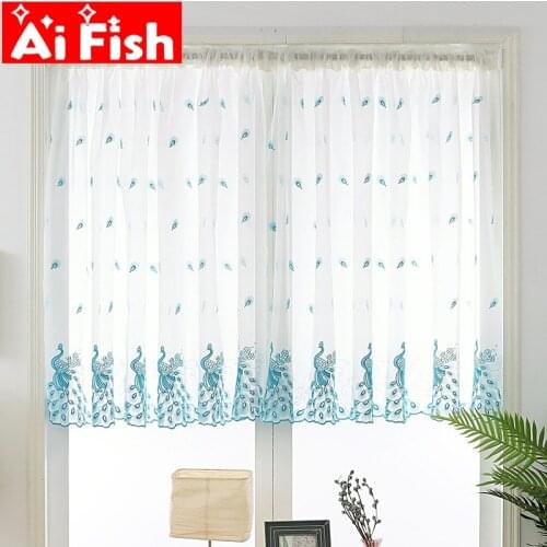 Pink Peacock Window Gauze Tulle Turquoise Blue Peahen Embroidered Short Sheer Voile Rod Pocket Door Curtain Kitchen M0814
