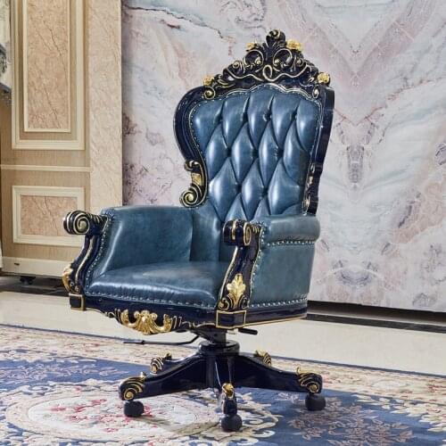Blue European-style solid wood office chair Oak luxury office Leather carved swivel sofa chair living room chairs