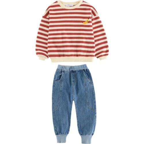 Girls spring leisure suit Girl striped sweater jeans set Girl long sleeve sweater jeans fashion suit Girl casual suit