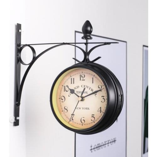 Vintage Outdoor Wall Clock Hanging Retro Double Sided 21.8 CM Metal Mount Garden Coffee Bar Decoration Round Station wandklok