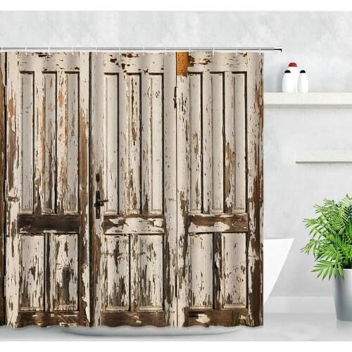 Vintage Old Wooden Door Shower Curtains White Retro Wood Grain Printed Modern Natural Waterproof Home Decor Bathroom Curtain Set