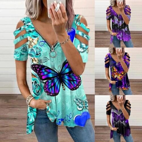 Summer Womens Casual Short Sleeve T-shirt Butterfly Print Vintage Tops Ladies Loose Blouse Hollow Out Sleeve Zipper Tshirt