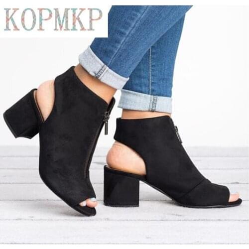 2020 New Style Ankle Boots Faux Suede Leather Casual Open Peep Toe Sandals Fashion Zipper Square Heel Shoes for Women Size 34-43