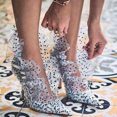Ladies Sweet Polka dot PVC Mesh Lacework Pumps Pointed Toe Women Ruffles Wrapped Low cut High Heels Mujer Zapatos Slip On Shoes