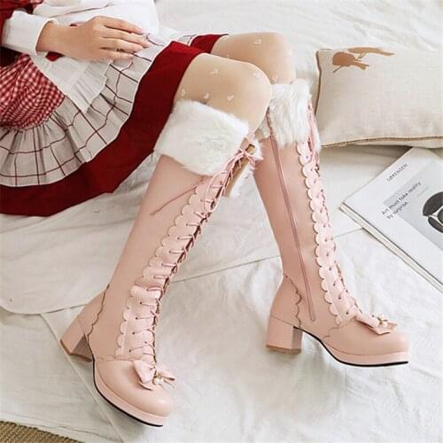 Women Knee Boots Platform High Heel Winter Shoes Woman Fashion Long Boot Plush Fur Shoes Women Footwear Size 32-43