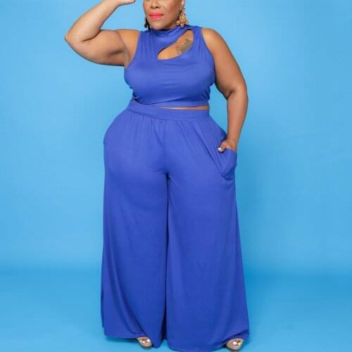 Two Pieces Pants Sets for Womens Big Size 4XL 5XL Solid Crop Tops & Wide Leg Trousers Loose Fashion Elegant Outfits Matching Set