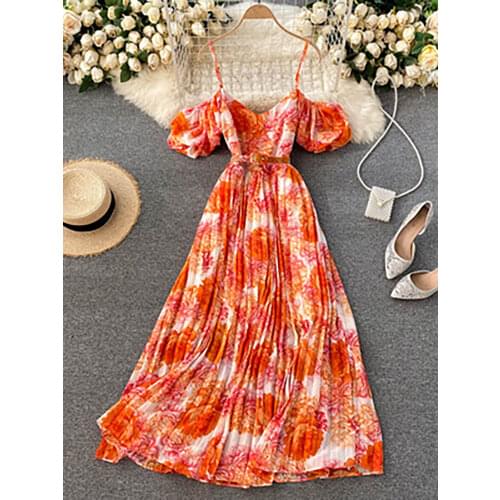 Spring Summer Womens Spaghetti Strap Long Dress Bohemian Vacation Beach Party Pleated Vestidos Female New Fashion 2021