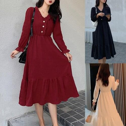 Simple Long-sleeved Women Dress Skin-friendly Solid Color V Neck High Waist Soft Ruffled Flounce Long Dress Fashion Accessory