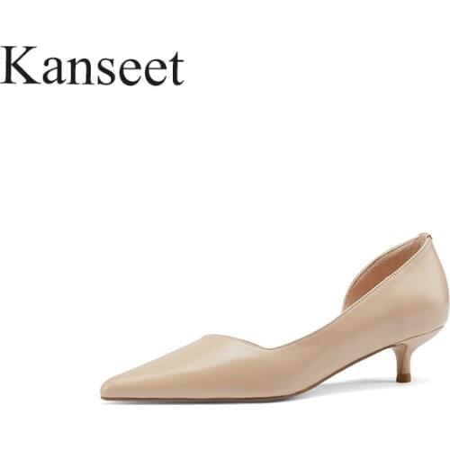 Kanseet 2021 Fashion Women Shoes Mid Heels Pumps Female Concise Design Thin Heels Pumps Genuine Leather Wedding Party Shoe Woman