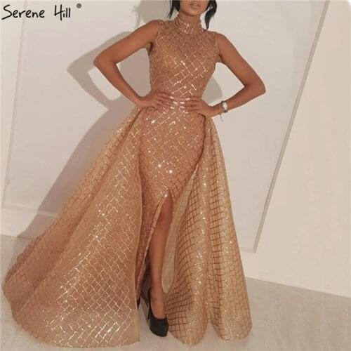 2020 Gold Luxury Sparkly Sequined Evening Dresses Sleeveless Tulle Sexy Vintage Evening Party Dress Serene Hill LA6247
