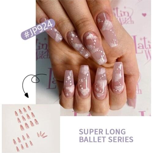 24pcs Cloud Color Transparent False Nails White Star Glitter Manicure Patch Fake Long Fingernail Extension Removable Nail Patch