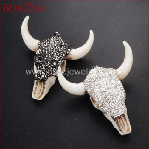BOROSA Druzy Jewelry 10 pcs Longhorn resin horn cattle pendants bull cattle pendants Paved Black/White Zircon JAB338